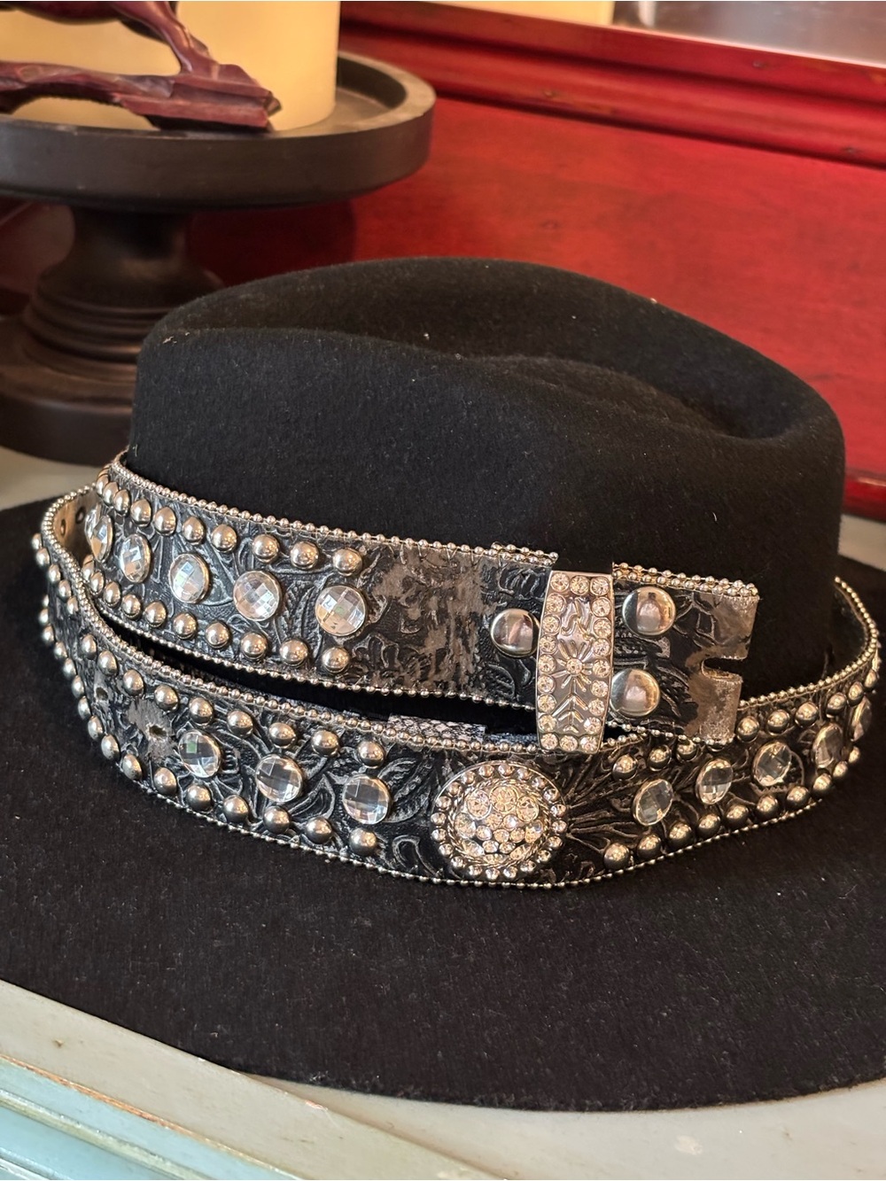 Black/Silver Western Belt Rhinestone Studded Tooled Leather NO BUCKLE 30-36”